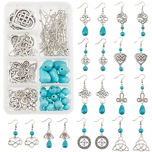 SUNNYCLUE 1 Box Zum Selbermachen von 10 Paar Trinity-Knoten-Ohrringen, Starter-Kit, Tibetischer Stil, Knotenglieder, Charms, Herz-Anhänger, Türkisfarbene Perlen, Zubehör Für Frauen, Erwachsene, DIY-Oh