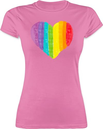 Shirt Damen - LGBTQ Kleidung Pride Flag - Regenbogen Herz - L - Rosa - regenbogenshirt Outfit LGBT Gay Funshirts für Frauen t-Shirt CSD Shirts t mit bunten Herzen Lesbian Tshirt Oberteil lqbtq