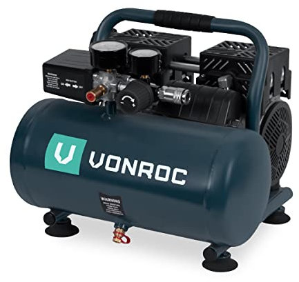 VONROC Compressore d’Aria Silenzioso 6L – 750W (1HP), 128 l/min – 57,5 dB, Senza Olio, Pressione Regolabile fino a 8 bar – Compatto, Portatile, con Attacco Rapido Euro Quick Release