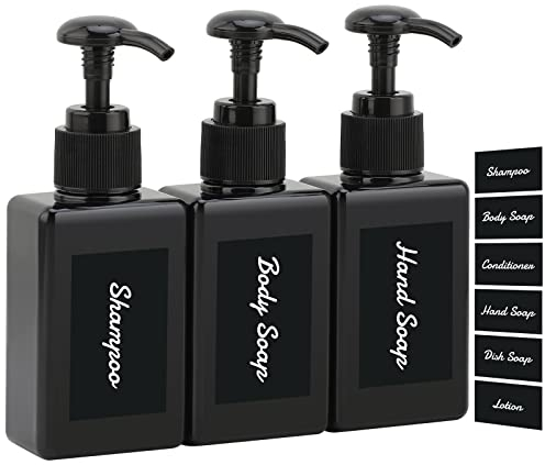 Segus Pumpflasche 100ml mit Selbstbedienungsetikett, 3 Stück Quadratische kleine Seifenspender für Bad Fitnessdusche, Reiseportabilität Rechteckige Plastikflaschen zum Befüllen 100ml, Schwarz