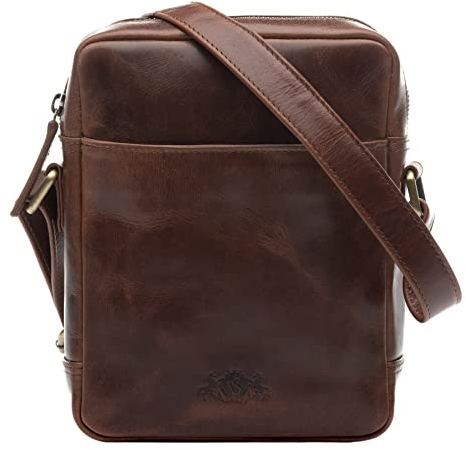 SID & VAIN kleine Umhängetasche echt Leder - Messenger Bag Dublin - Schultertasche mit Schultergurt - Ledertasche Herren und Damen braun handgefertigt