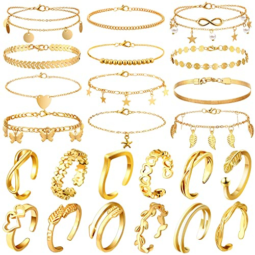 Sasylvia 24 Pcs Anklet and Toe Ring Set for Girl Women Silver Gold Layered Anklet Chain Adjustable Open Toe Ring Foot Jewelry(Classic,Gold)