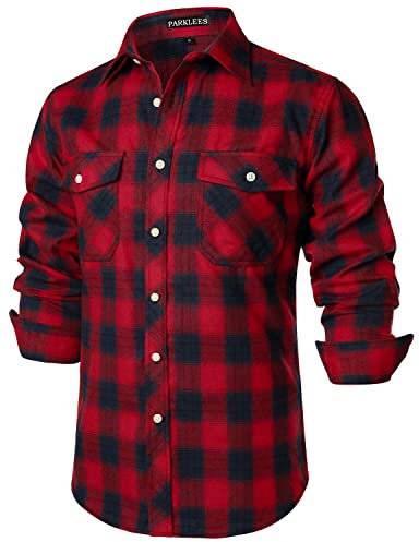 PARKLEES Herren Freizeithemden Regular Fit Button Down Check Kariert Flanellhemden mit Taschen PZLCL41 Rot Marine XL