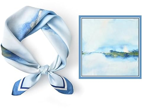 GIMIRO Foulard en Soie Synthétique, 53 x 53 cm, Motif Floral Jaune et Vert, Style Élégant (Mer bleue claire Oath Mirage)