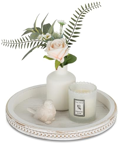 Romadedi Wooden Tray Round Decorative Tray:White Shabby Wood Serving Trays Vintage Wood Platter for Candles Kitchen Countertop Table Centrepiece Decoration