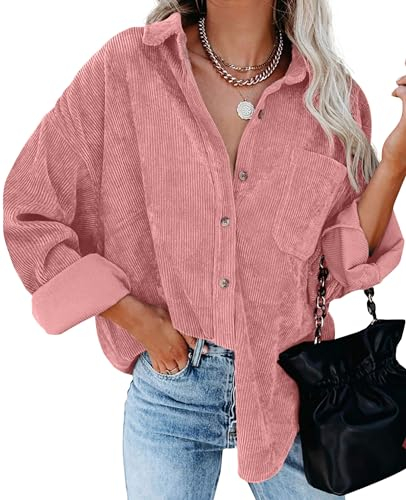 QIXING Womens Corduroy Oversized Shacket Button Down Boyfriend Shirts V Neck Cotton Long Sleeve Blouses with Pocket Casual Work Jacket for Women UK Ladies Tops Autumn Winter (Pink, L)