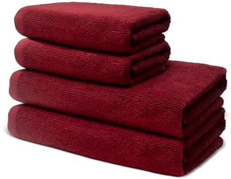 4 er Set Handtücher | 2 Badetücher 70x140 cm + 2 Handtücher 50x100 cm | Frottee Weich & Flauschig | 100% Baumwolle | Frottier Duschtuch Badetuch Badehandtuch | 500g/m² | Oeko-Tex | Ôhm | Rot