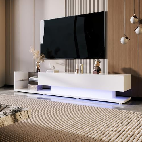 RCBDBSM Lowboard Weiße, TV Board Hochglanz mit Variable LED Beleuchtung, Modern Fernsehschrank mit Glasregal, Griffloses Design, Fernsehtisch TV Board Rack - Wohnzimmer 170 x 38 x 36 cm