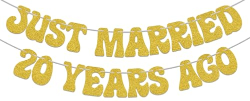 AETGDDS Just Married 20 Years Ago Banner, 20th Anniversary Party Decorations Wedding Party Decor, 20 Years Old Party Supplies Gold Glitter