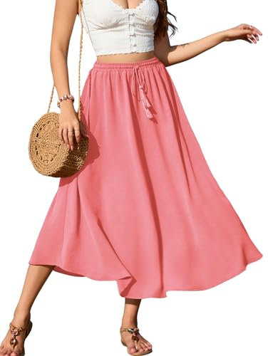 Zeagoo Röcke Damen Lang Hohe Taille Maxirock Elegant Rock A-Linie Mesh-Rock Mit Kordelzug Casual Midi Freizeitrock Einfarbig Rock Rosa XL