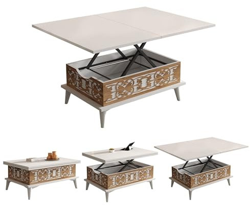 BERA DESIGN Extendable Dining Table 6-8 Seater, Lift Top Coffee Table, Extendable & Foldable Coffee Table Converts to Dining Table -90x60x45cm with 3 Variable Height Level