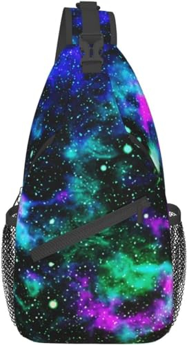 501 Sling Bag Herren Und Damen Blaue Und Grüne Galaxie Neon Handytasche Klein Sportliche Brusttasche Mit Verstellbarem Schultergurt Taktisch Brusttasche,Für Bergsteigen, Laufen, Reise