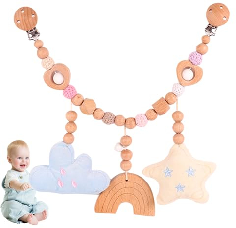 FENGQ Kinderwagenkette Holz Baby, Kinderwagenspielzeug Mädchen Junge, Babyschale Spielzeug Kinderwagenkette aus Holz mit Glocke, Spielzeug Aufhängen an Kinderbett für Babys und Kleinkinder 0+ Monaten