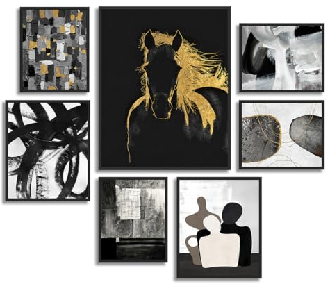 EUROPICART Abstrakte Wandkunst für Wohnzimmer, mattes schwarzes Pferd, Bilderdruck mit Fotorahmen, Dekor für moderne Wohnwände, schwarze Rahmen, 7er-Set