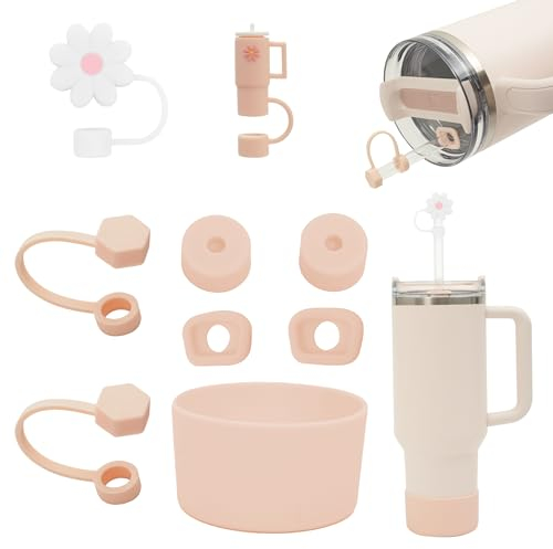 FOSFUKEER Stanley Cup-Zubehörset, enthält 6 auslaufsichere Silikonstopfen,2 Stück Strohdeckel, 1 Silikonhülle für Stanley Cup 1,2 l- und 850 ml-Becher,Cups nicht enthalten (Pink)
