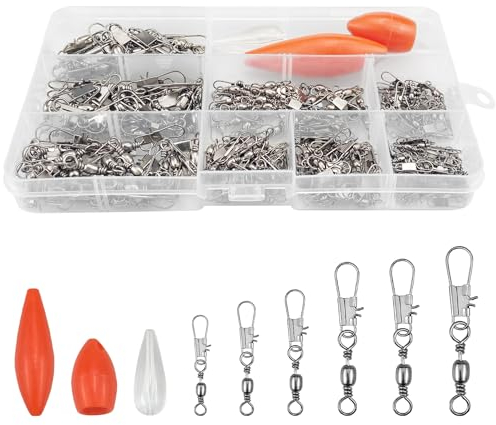 200 STK Fishing Angel Wirbel Set, Angeln Barrel Wirbel mit Kugellagerwirbel, 2# 4# 6# 8# 10# 12# Angelzubehör Set, Edelstahl Lure Stecker stabile Ringe für Fischerei