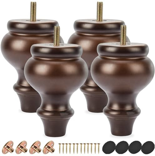 TCHOSUZ 5 inch / 13cm Wooden Furniture Legs, Pack of 4 Classic Walnut Solid Wood Turned DIY Replacement Bun Feet with M8 Hanger Bolts & T-Nuts for Sofa Couch Cabinet Ottoman Bed Riser