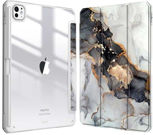 Fintie Hybrid Hülle für iPad Pro 11 Zoll M4 (2024) (Modellnummer: A2836/A2837/A3006) mit Stifthalter - Stoßfeste Schutzhülle Case mit transparenter Hartschale auf der Rückseite, Trüber Marmor