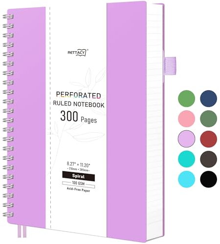 RETTACY A4 Spiral Notizbuch mit Linien, 150 Abreißbare Perforierte Blätter (insgesamt 300 Seiten), 100g/m² Papier, 21,5 X 27,9 cm, Lila