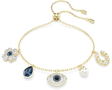 Swarovski Symbolica Armband, Blaues, Vergoldetes Bettelarmband mit Kristallperle, Glücksklee, „Evil Eye“, Hufeisen und Strahlenden Kristallen