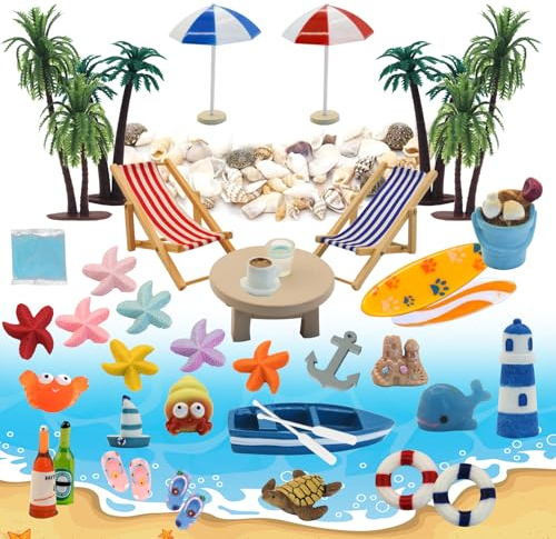 MoguGo 43 Stück Strand-Mikrolandschaft Kleine Palme Deko Accessoires Miniaturlandschaft Dekoration Sommerliche Garten-Deko Miniatur-Ornament-Set für DIY Miniatur Deko Garten Dekoration