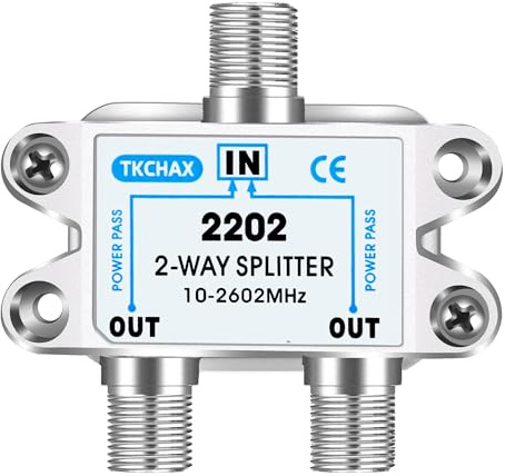 TKCHAX 2-Wege-Koaxialkabel-Splitter, unterstützt 10–2602 MHz, RG6-kompatibel, vernickelt für Kabel-Splitter, funktioniert mit CATV, Satelliten-TV, Antennensystem und MoCA-Konfigurationen