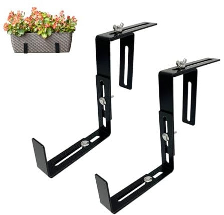 Soporte para caja de flores,Soporte de hierro para macetas, gancho para macetas, estante colgante ajustable para instalación en barandilla de balcón y valla,No es Necesario taladrar (1 par, negro)