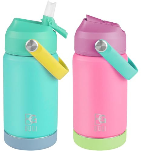 BOGI Kids Metal Water Bottle with Straw, 350ml Kid Stainless Steel Water Bottle for School Leak Proof Insulated Water Bottle for Boys Girls Toddlers Children | 2Pack-Mint+Pink