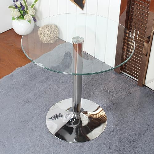 MARIYCH Runder Esstisch in Barhöhe, Bartisch aus gehärtetem Glas, hoher Tisch mit silbernem Chromsockel, Pub-Cocktailtisch, transparente Bistrotische