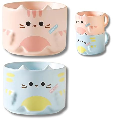 Luxxe Haus 2 Pack Cute Kitten Mugs - Adorable Ceramic 300ml/10oz Teacup and Coffee Cup Set - Stackable Eared Mug Set with Pink and Blue Options for Cat Lovers & Kids