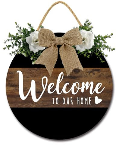 Geroclonup Welcome to Our Home Sign for Front Door 28cm Rustic Round Wooden Hanging Welcome Wreath Sign Door Hanger for Farmhouse Home Wall Window Porch Decor