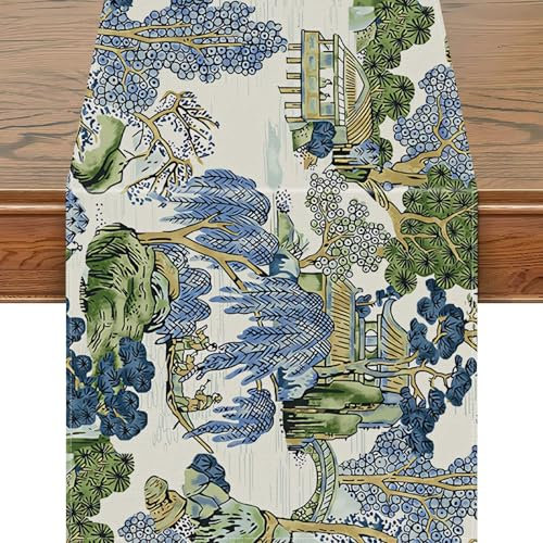 Snylcce 13x72 Inch Chinoiserie Vintage Tischläufer - Elegantes Mountain Spring&Summer Design für Bauernhaus Küche & Esstisch Dekoration - Perfekt für saisonale Home Parties