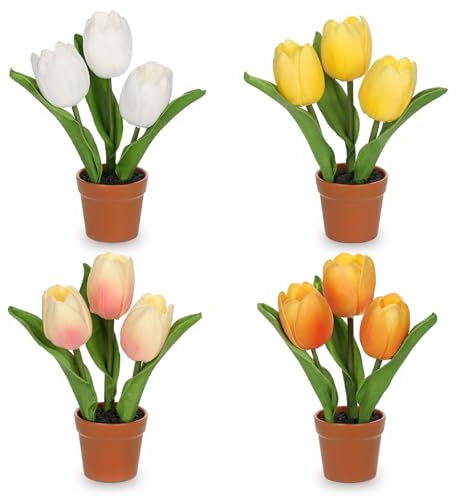 Arborus 4 STK Künstliche Tulpen im Topf 21 cm Kunst Tulpen Deko Künstliche Frühlingsblumen im Braun Topf Klein Kunstblumen Tisch Fensterbank Schreibtisch Zimmer Büro Deko