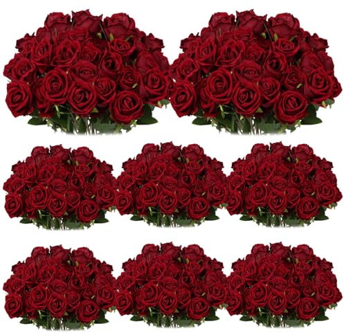 Lot de 100 roses artificielles en soie réalistes avec longue tige pour mariage, centres de table, arrangements floraux, décoration d'intérieur, Saint-Valentin (rouge vin)
