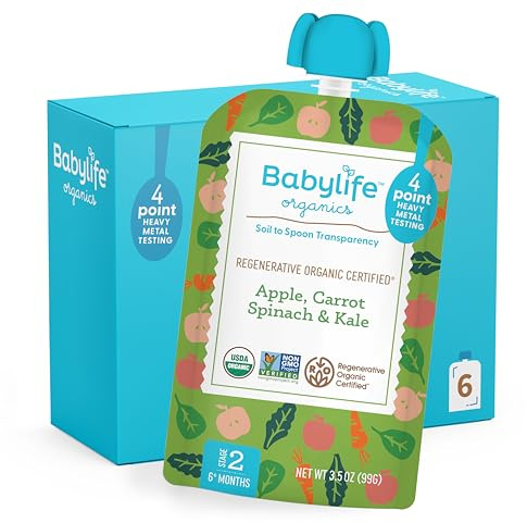 Babylife Organics Stufe 2 – Schwermetallsichere, Bio-Babynahrung – Apfel, Karotte, Spinat und Grünkohl, 100 ml Beutel (6 Stück)