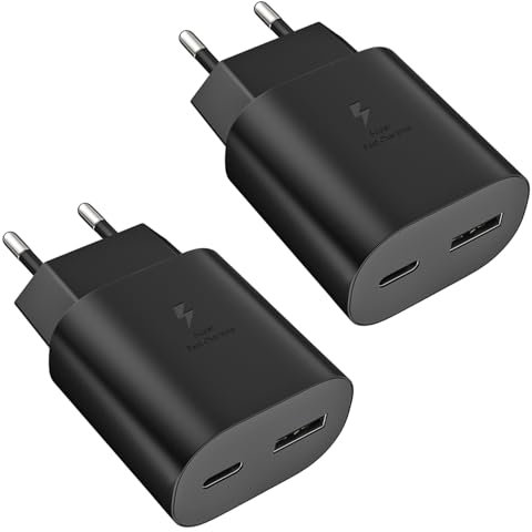 Chargeur USB C, 25W 2Ports USB C Chargeur Rapide PD+QC Chargeur Multi Secteur USB Type C Adaptateur pour Samsung Galaxy s25 S24 S23 s21 S20 s10 A55 A55 A53 A52 A35 A15 A14 A13 A05 (Lot de 2 Noir)