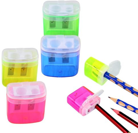 Rixotix 4er-Set Anspitzer mit Behälter, 4 Farben, Kunststoff, Kohlenstoffstahl, Doppelloch-Bleistiftspitzer, Schul- und Büropraktisch