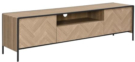 Vente-unique-Meuble TV avec 2 Portes, 1 tiroir et 1 Niche en MDF et Acier - Naturel Clair et Noir - TUMACO