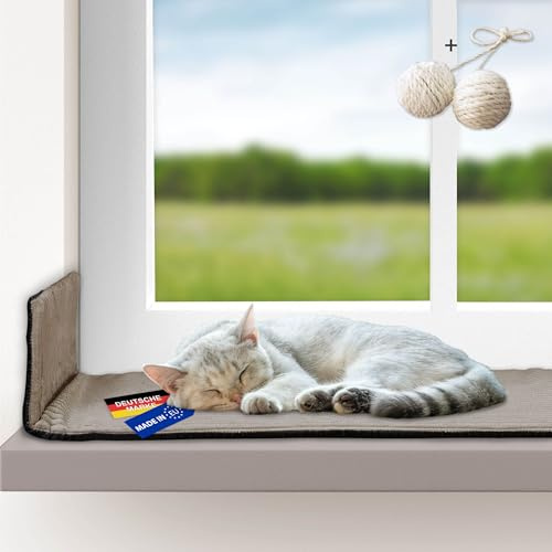 Rohrschneider Katzen Fensterliege | selbstwärmende Katzendecke | Made in EU | Katzenkissen mit Rutschfester Unterlage | waschbares Katzenbett aus Cordstoff | Größe 2 (90 x 29 cm) | Taupe