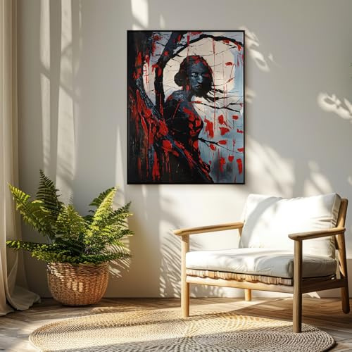AUREDAS Handgemaltes Kunstwerk - Schwarze Phytomorphe - 75x100 groß Schattenfugenrahmen Eiche Dunkel für Wohnzimmer Schlafzimmer, Büro, ein hochformat Wandbild als Leinwandbild