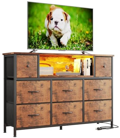 Flrrtenv Chest of Drawers, 8 Fabric Drawers Cabinet, 120CM TV Stand with Power Outlets and LED Lights for 55'' TV, for Bedroom Living Room & Entryway, Home Office, Console Table, Rustic Brown