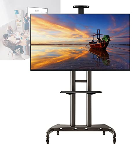 CAFIEDR Chariot TV Mobile à roulettes pour écrans Plats incurvés LCD LED OLED de 55 à 80 Pouces, Support d'écran Mobile avec Plateau, jusqu'à 90,9 kg (200 LB), Section(Type B)