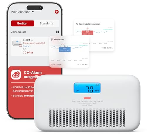 X-Sense WLAN-Kohlenmonoxid Melder mit Sprachalarm, Temperatur- & Feuchtigkeitsanzeige, CO Melder mit austauschbarer Batterie, digitalem Display und CO-Spitzenwert-Verlauf, XC0M-iR, 1 Stück