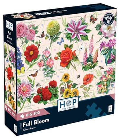 The House of Puzzles Full Bloom, Big 500 Piece Jigsaw | Garden & Flowers Theme, Artwork by Robert Barry, FSC Certified Board, Sustainably Made, Deluxe Puzzle Gift for Adults