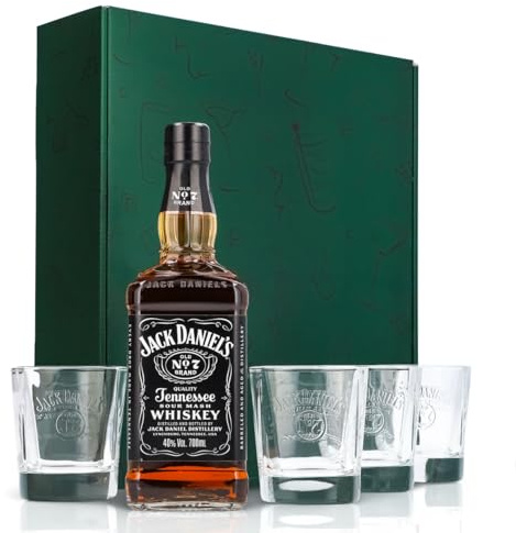 Sipply Geschenkset 3-teilig mit 2 Tumbler Relief und 1 Flasche Jack Daniels 0,7l 40,0% Vol. | mit Geschenkverpackung: Grün | Geschenk für Frauen Männer Mama Papa Freundin zu Weihnachten Ostern