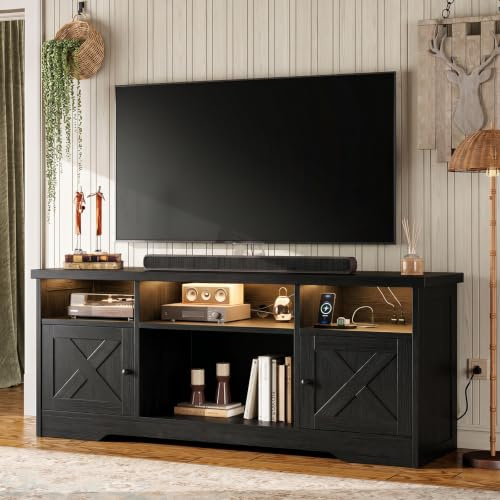 Coleshome Black TV Unit, TV Stand Cabinet with Sockets, USB and LED | Suitable for up to 65'' TV, 4 Open Compartments , 2 Cabinets, Suitable for Living Room, 150 x 35 x 65cm
