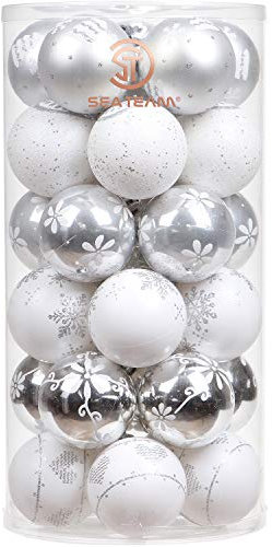 Sea Team 60mm/2.36 Delicate Contrast Color Theme Painting & Glittering Christmas Tree Pendants Decorative Hanging Christmas Baubles Balls Ornaments Set - 30 Pieces (Silver & White)