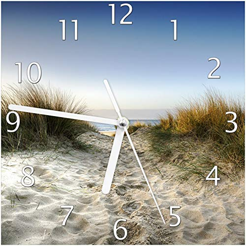 Wallario Design-Wanduhr Weg durch die Dünen zum Strand am Meer aus Glas, Motiv-Uhr Größe 20 x 20 cm, weiße Zeiger