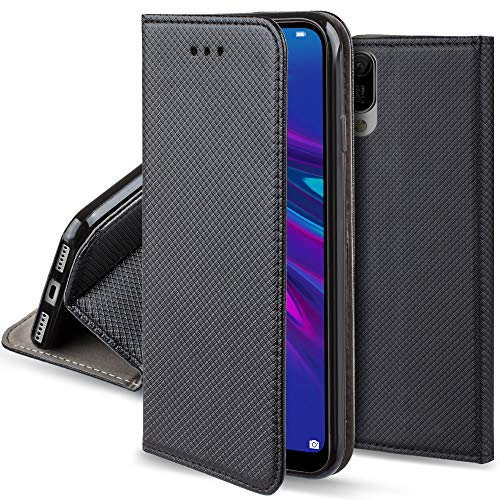 Moozy Hülle Flip Case für Huawei Y6 2019, Schwarz - Dünne Magnetische Klapphülle Handyhülle mit Kartenfach und Standfunktion