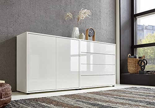 moebel-dich-auf Kommode Ben Set 3 Sideboard Türkommode Schubkastenkommode (weiß/weiß Hochglanz)